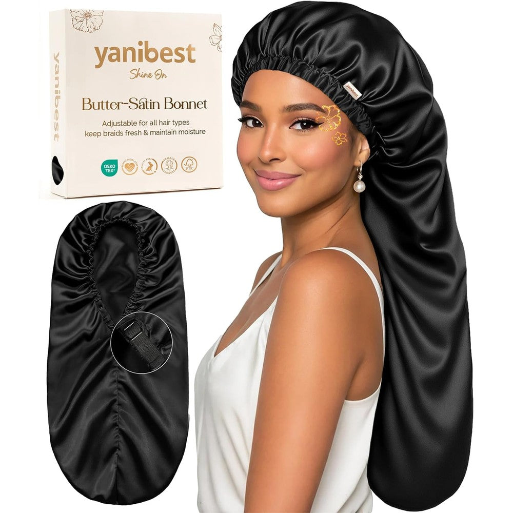 YANIBEST Long Satin Bonnet front view of black sleeping cap on model.