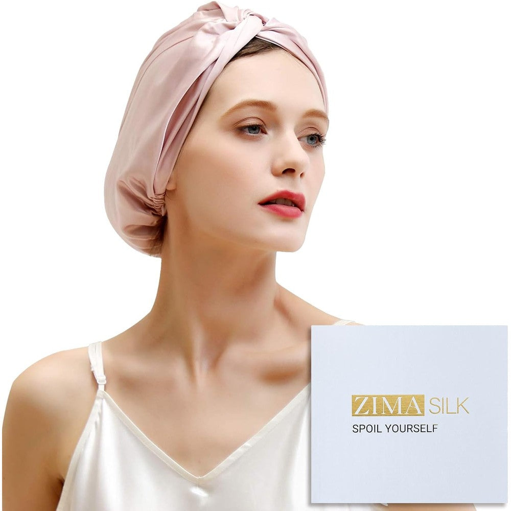 ZIMASILK 100 percent mulberry silk bonnet front view in premium pink color