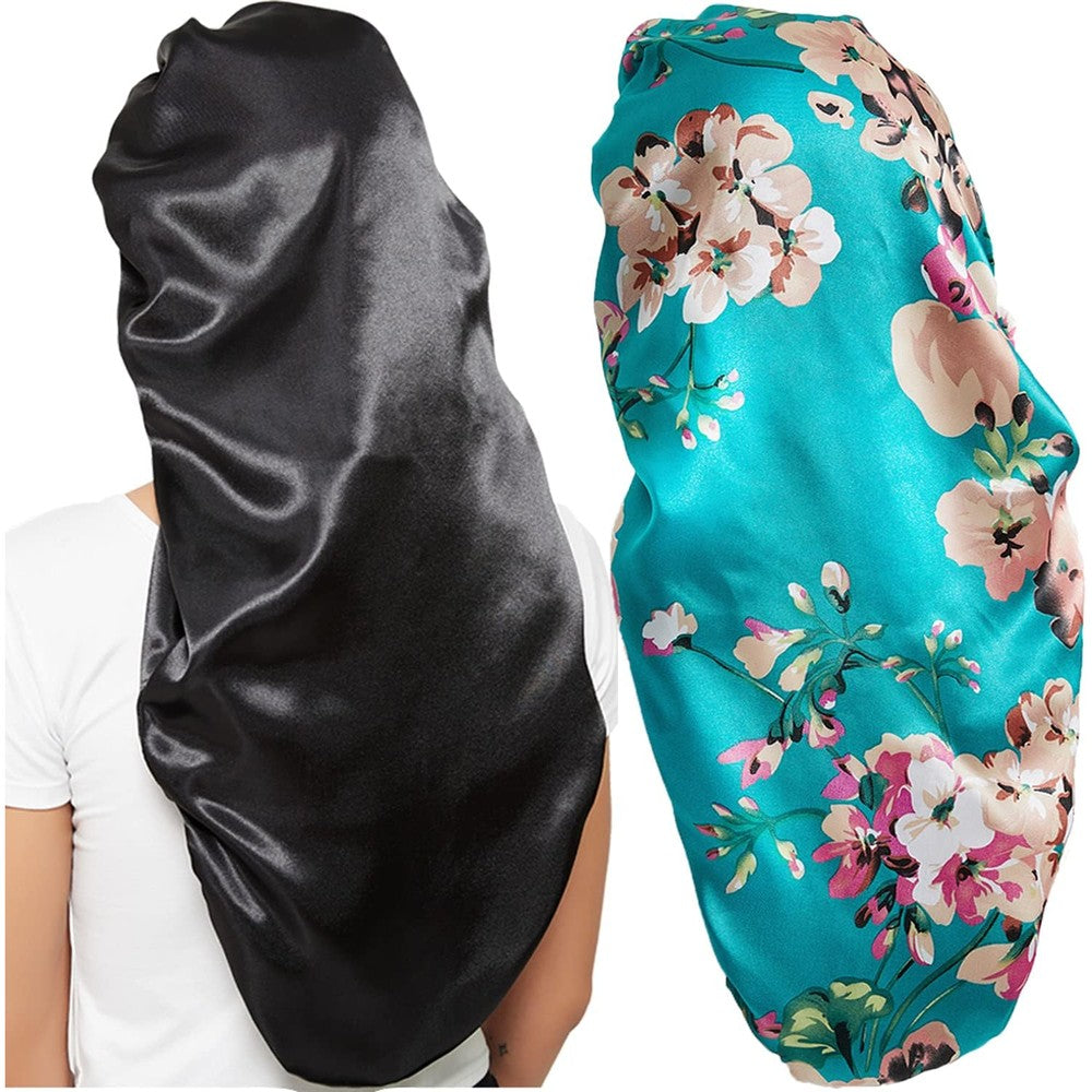 Wbfwbb 2 Pieces Silk Bonnet set in black and floral patterns front view hair protection cap