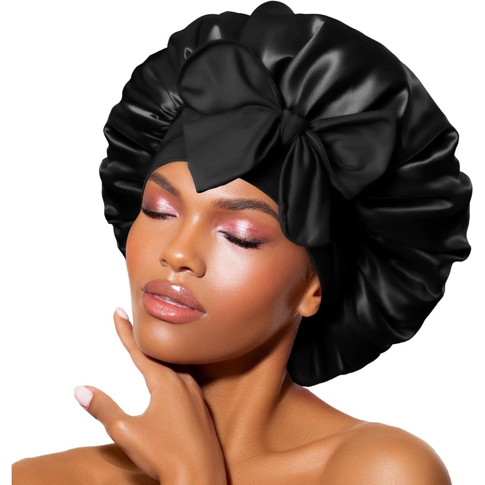 BONNET QUEEN silk bonnet for sleeping in black color front view showcasing the adjustable tie band.