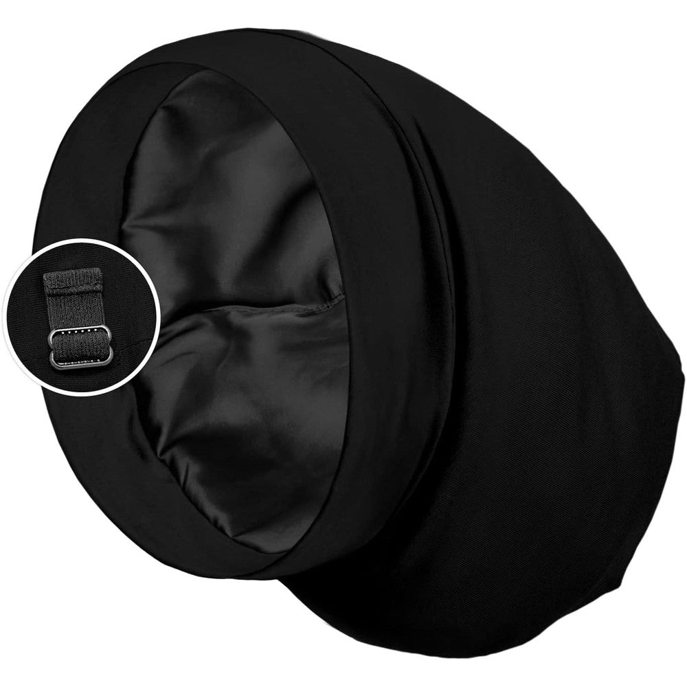 PARISBELLA satin lined sleep cap bonnet front view on model showcasing secure adjustable fit.
