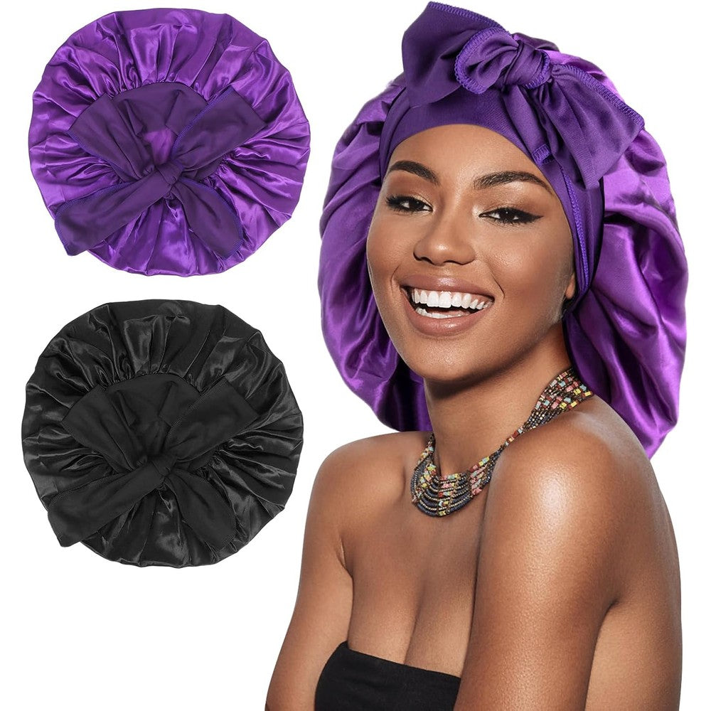 Arqumi satin silk sleeping bonnet front view showing black and purple options