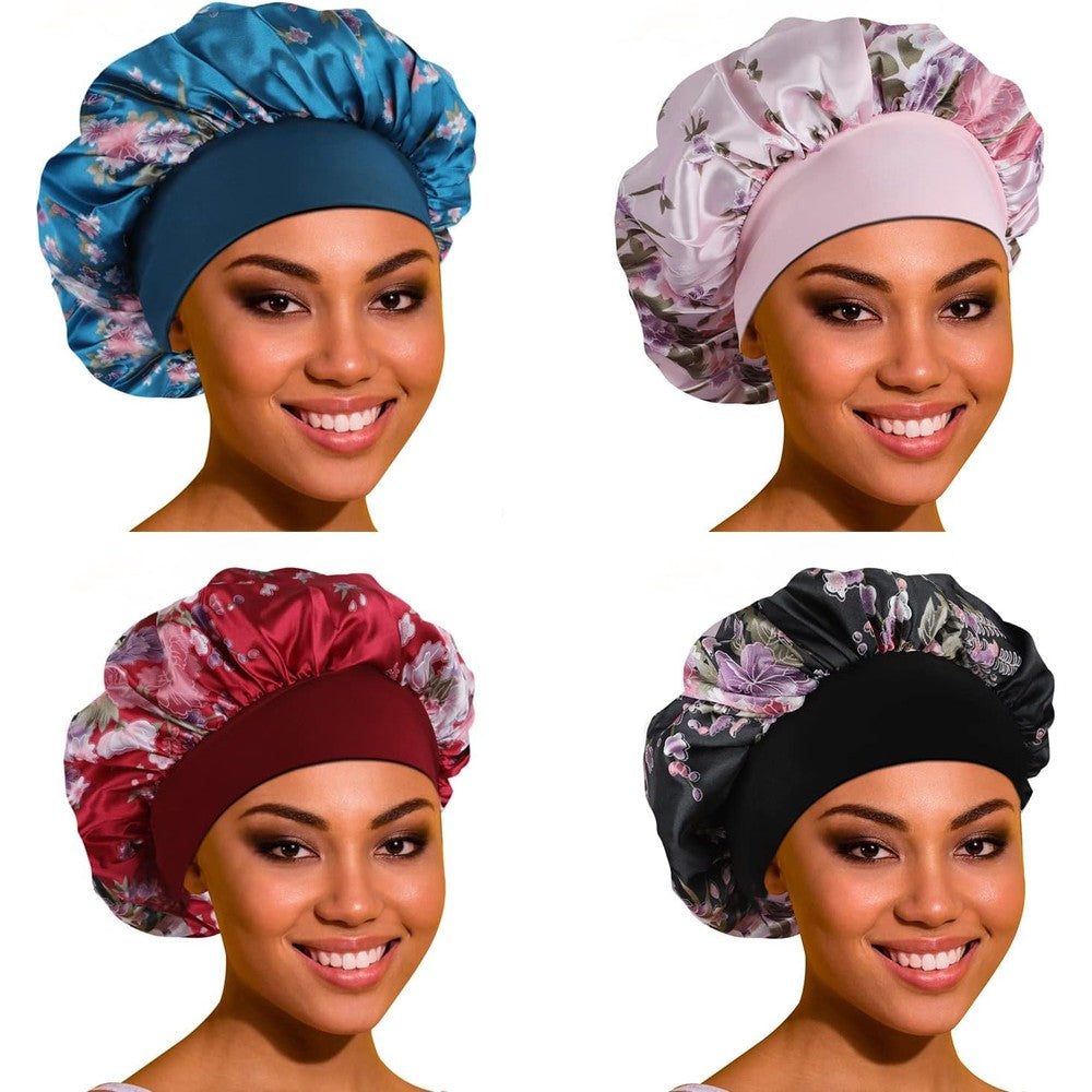 ROYBENS Satin Bonnet Hair Bonnet For Sleeping 4 Pack front view showing black wine royal blue and green color options
