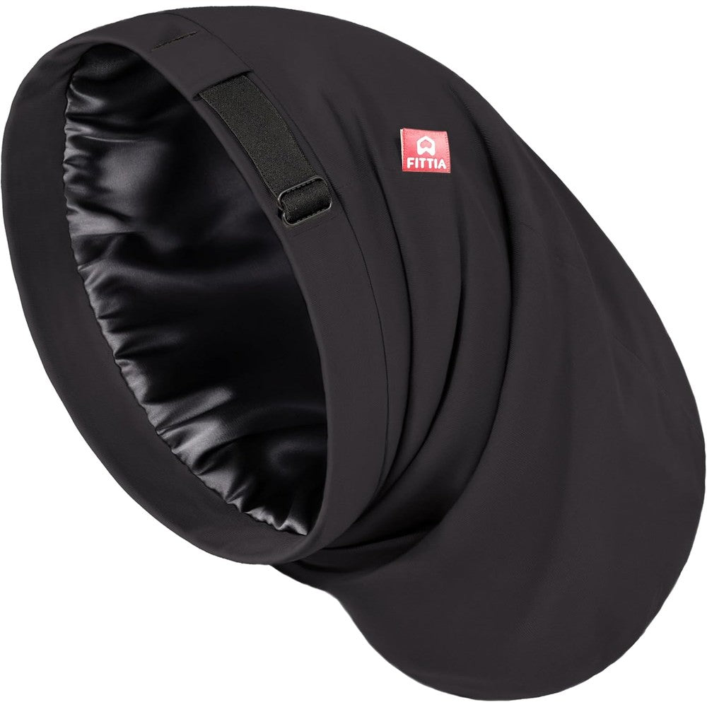 Fittia large satin bonnet for men front view sleeping cap black