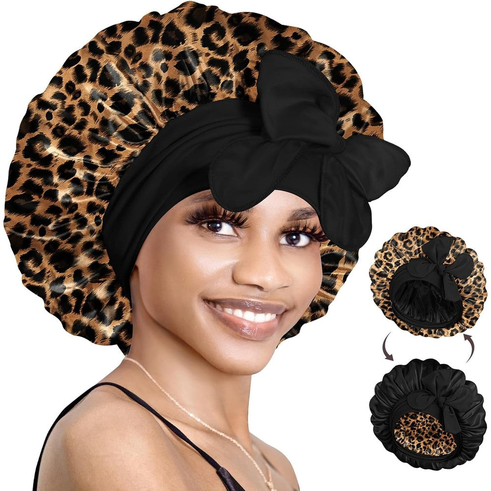 Bonnet Queen reversible satin bonnet leopard print front view