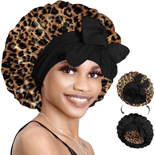 Bonnet Queen reversible satin bonnet leopard print front view