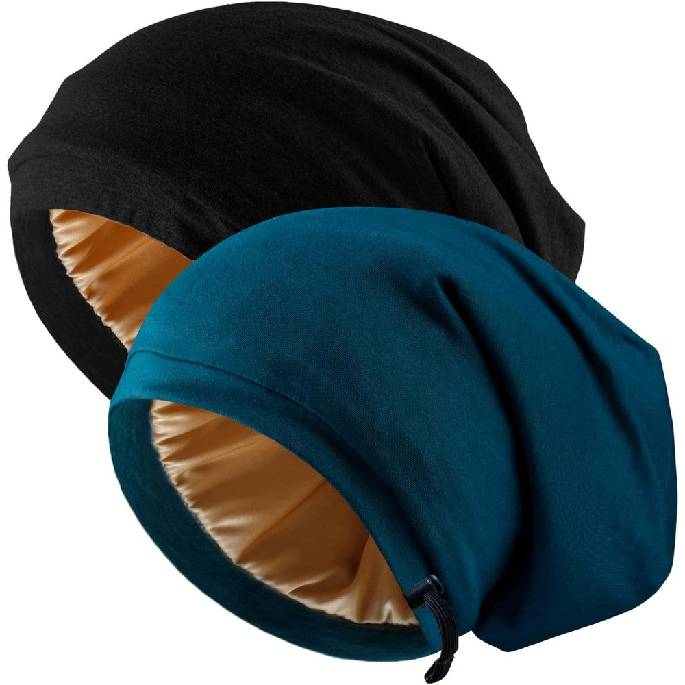 NICPOO adjustable silk satin night cap front view showing black and blue reversible sleep bonnets