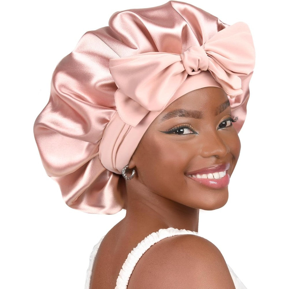 YANIBEST adjustable silk bonnet for sleeping in blush pink front view showing decorative bow