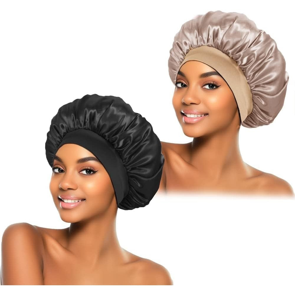 ZHENSILK 2Pcs Silk Bonnet for Sleeping in black and gold front view showcasing the soft wide elastic band.