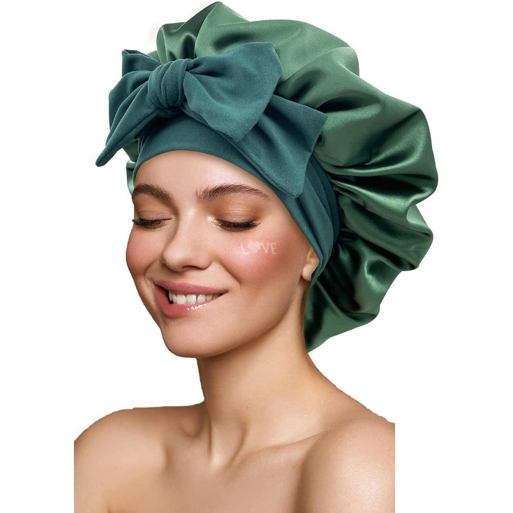 GiLi large satin silk hair bonnet hunter green front view on mannequin
