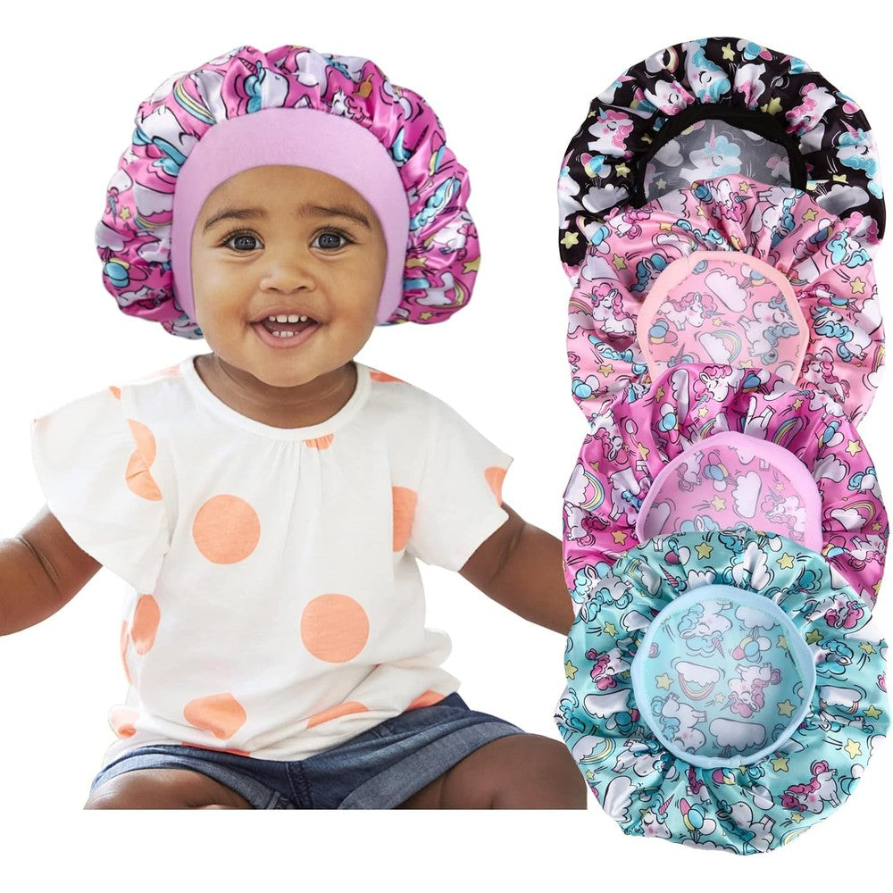 Selalu kids silk satin bonnet pack front view showing colorful unicorn patterns