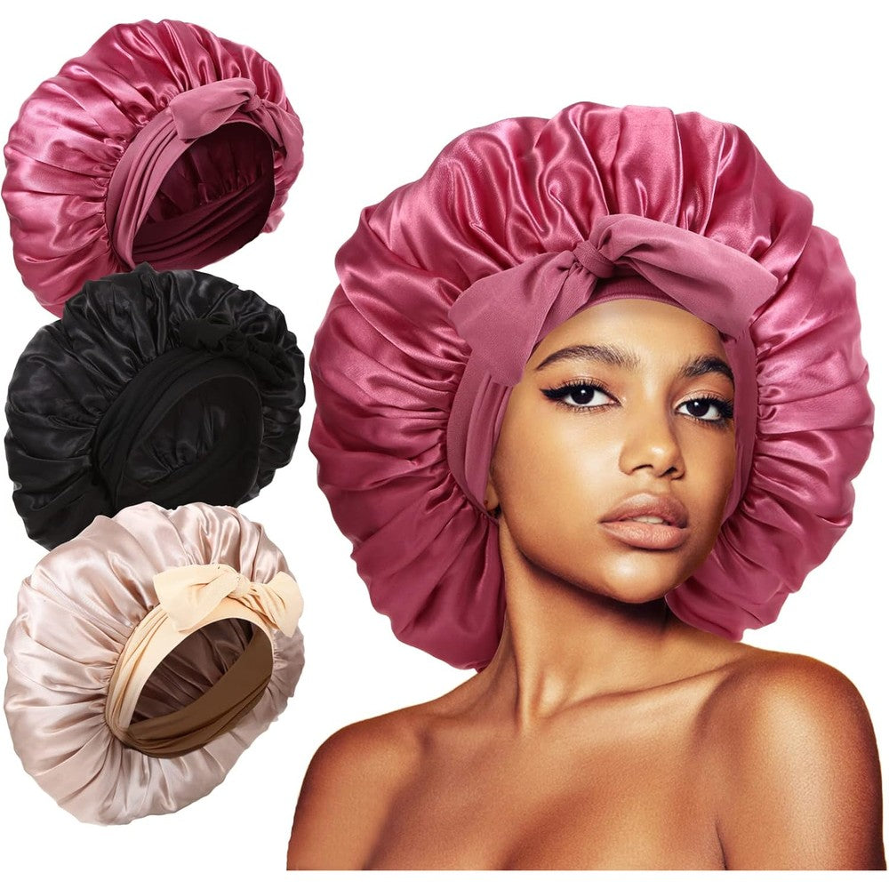 Kafteri 3Pcs satin silk bonnets for sleeping front view showing the long adjustable tie band.
