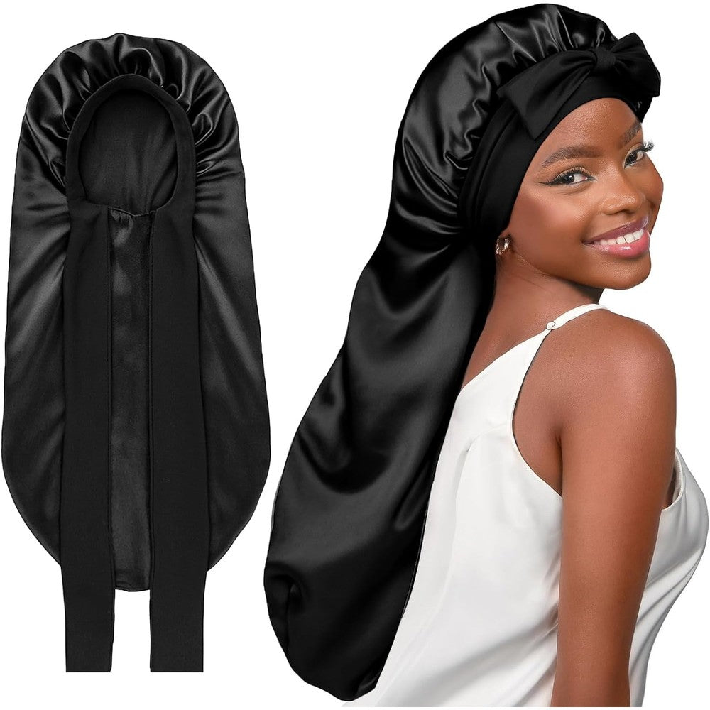 YANIBEST Long Satin Bonnet front view showing the adjustable tie band on a model