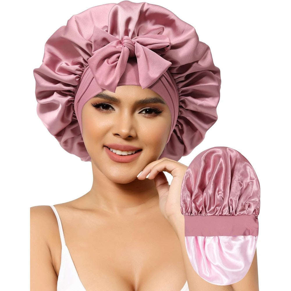 AWAYTR satin bonnet for women front view showcasing the bean paste color side