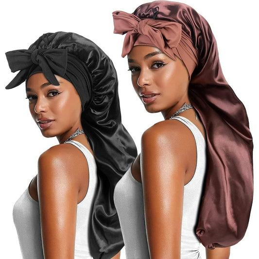 Heniho long satin bonnets front view showcasing adjustable tie band