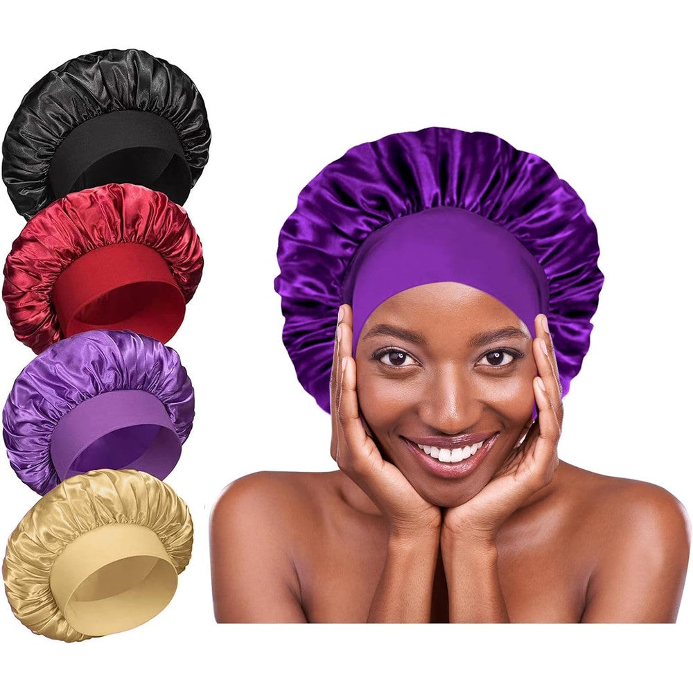 Theyakmer silk satin bonnets for sleeping pack of four front view showing black wine red purple and brown colors.