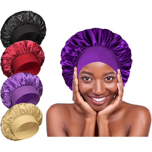 Theyakmer silk satin bonnets for sleeping pack of four front view showing black wine red purple and brown colors.