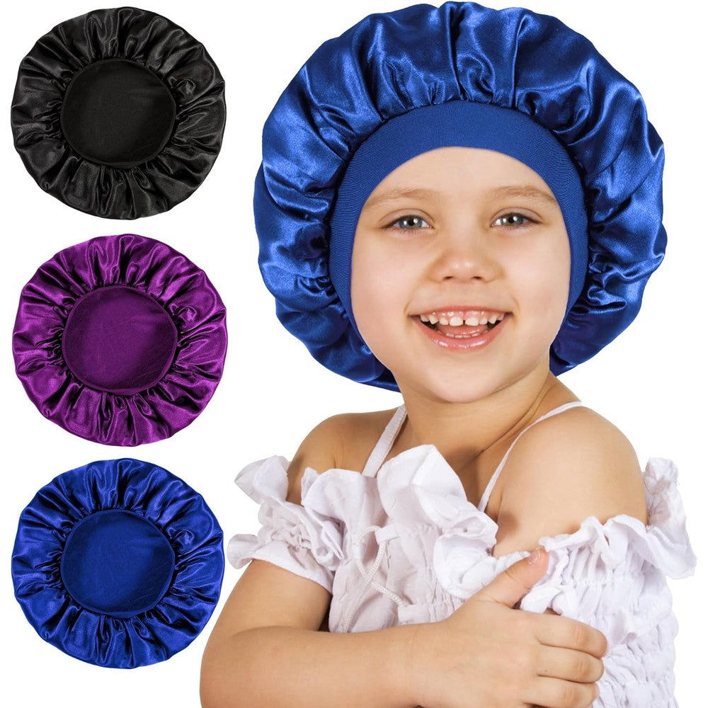 Choshion kids satin hair bonnet front view displaying the wide pink elastic band on a child.