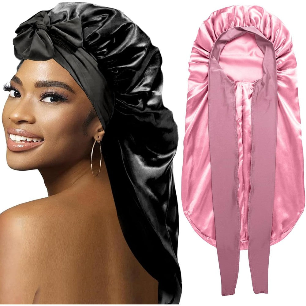 WOZUTUNT large long satin bonnets front view showing black and rose pink variants for hair protection.