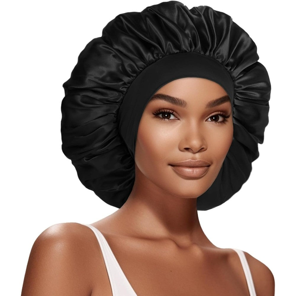 Duomodragon extra large satin bonnet hair cap front view showing wide elastic band