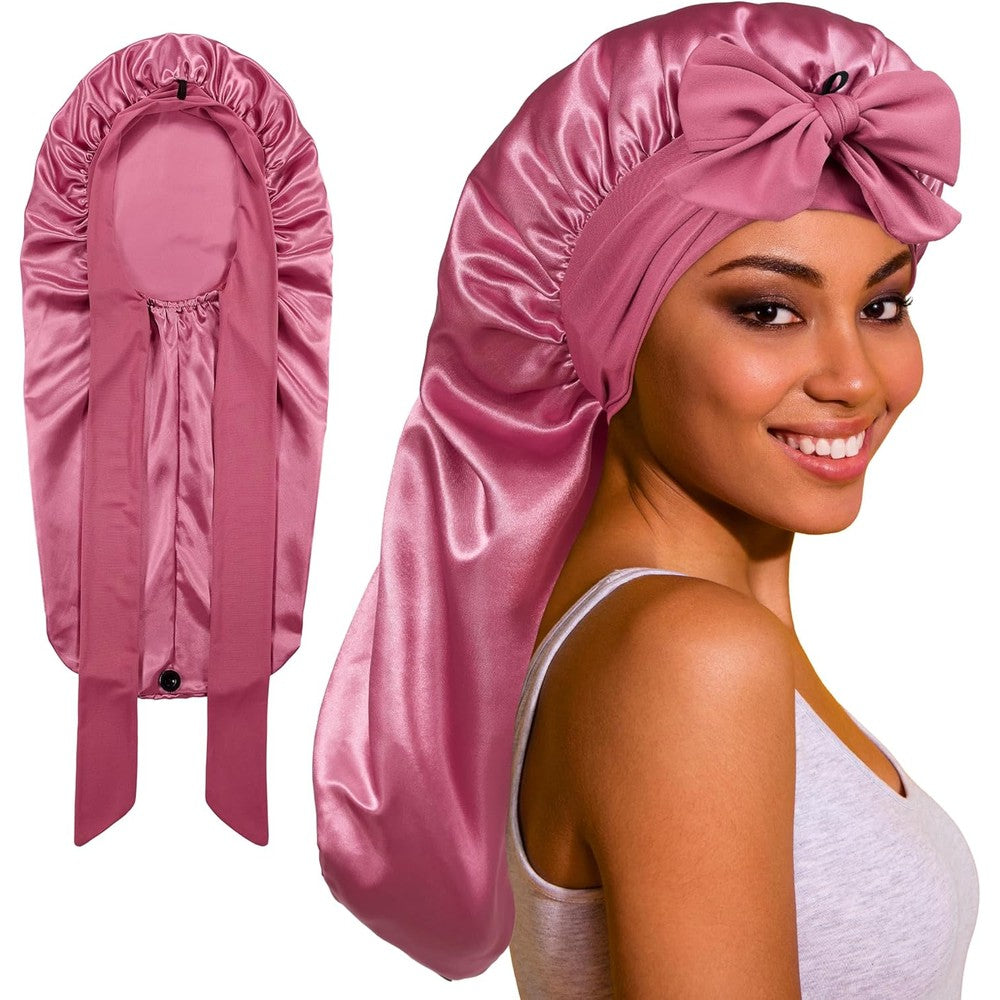 ROYBENS long satin hair bonnet front view showing the adjustable tie band on a woman with long braids.