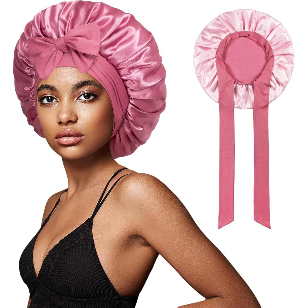 Vidsel satin silk bonnet with tie band front view on model showcasing bean paste color