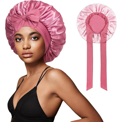 Vidsel satin silk bonnet with tie band front view on model showcasing bean paste color