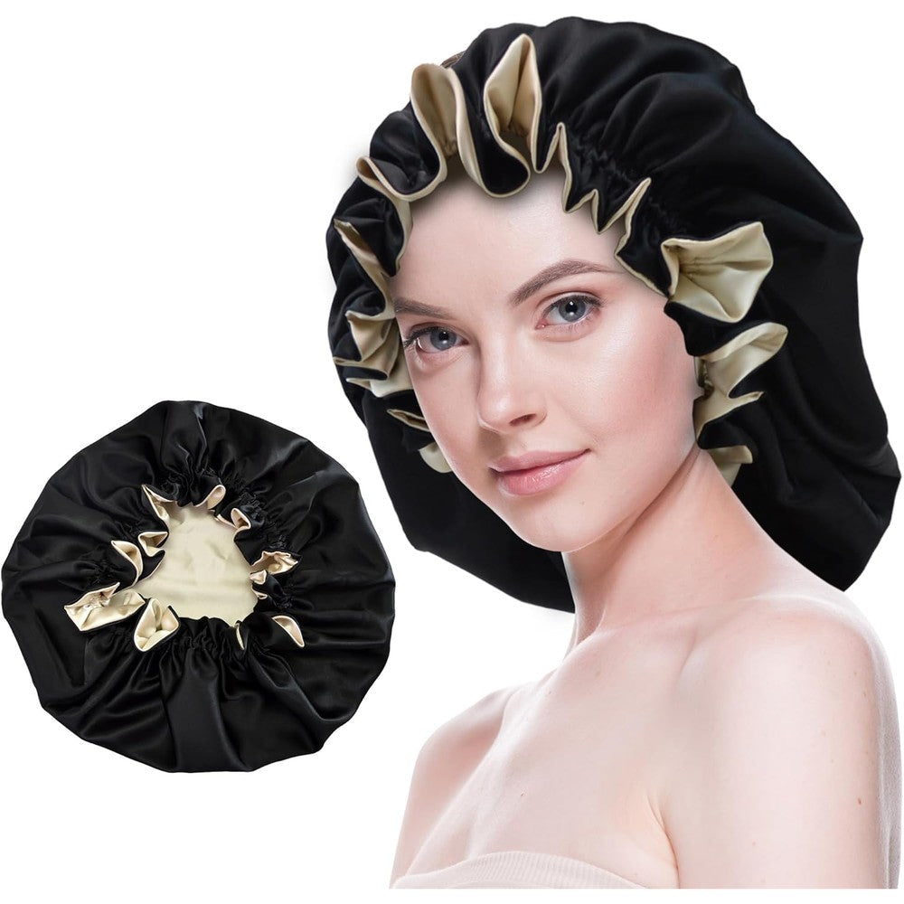 Beutyme silk bonnet for sleeping in black front view showing premium double layer design.