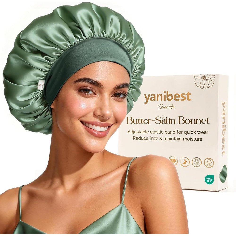 YANIBEST silk bonnet for sleeping women front view showcasing the soft wide elastic band
