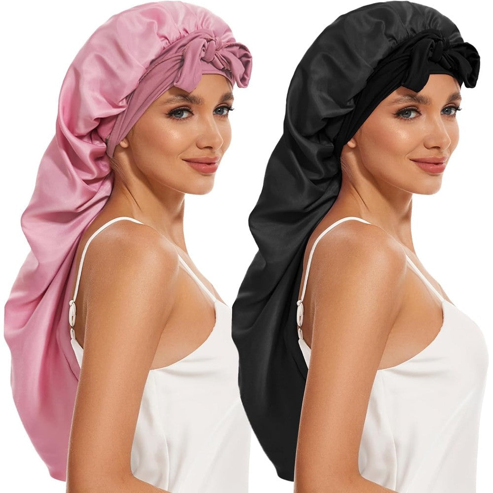 DEMAZALO silk long bonnet front view showing black and pink premium satin fabric sleep cap