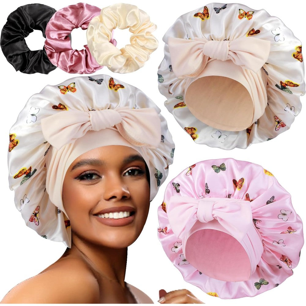 Heniho large satin bonnets with matching scrunchies pack front view for curly hair protection