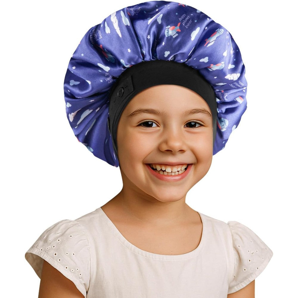 WINSTECK kids satin bonnet front view blue spaceship pattern