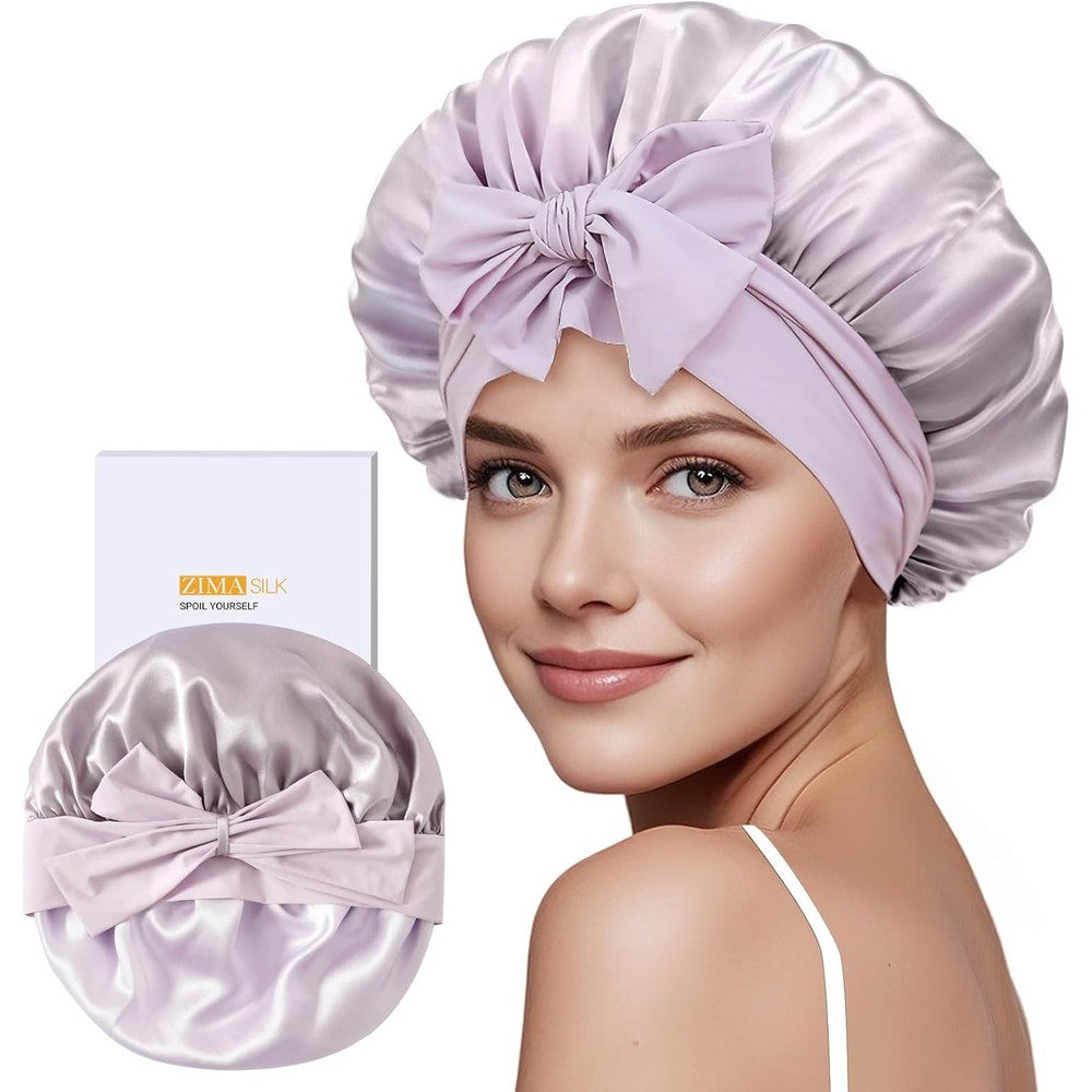 ZIMASILK mulberry silk bonnet purple front view hair wrap for sleeping