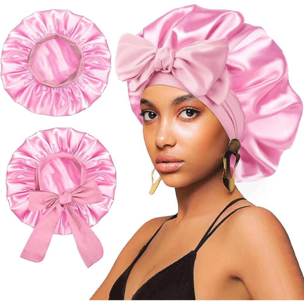 FIRSTPELLA satin silk hair bonnet front view of pink sleeping cap on model