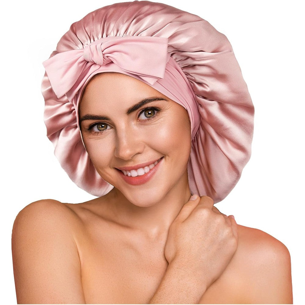 YFONG Mulberry Silk Bonnet front view showing pink double layer fabric and tie band