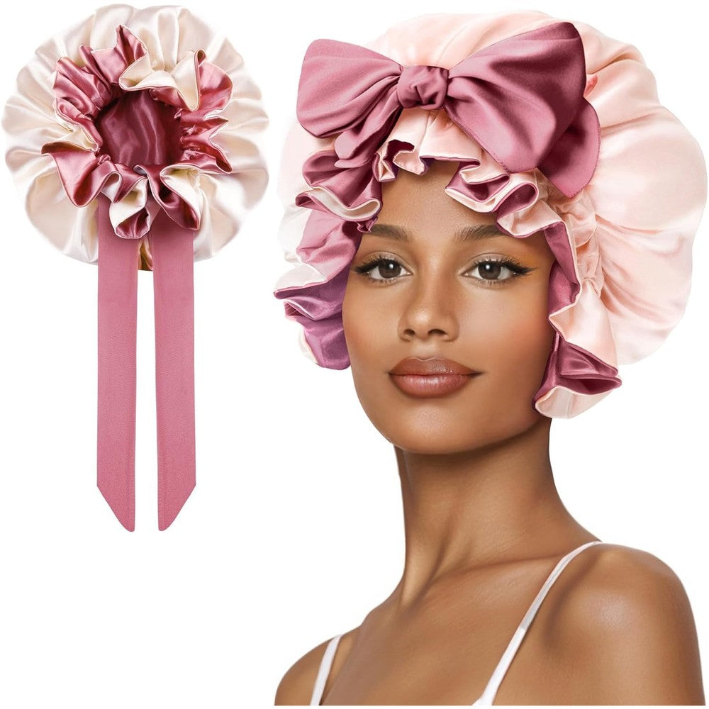 Vettres satin silk bonnet for sleeping front view showing pink adjustable tie band