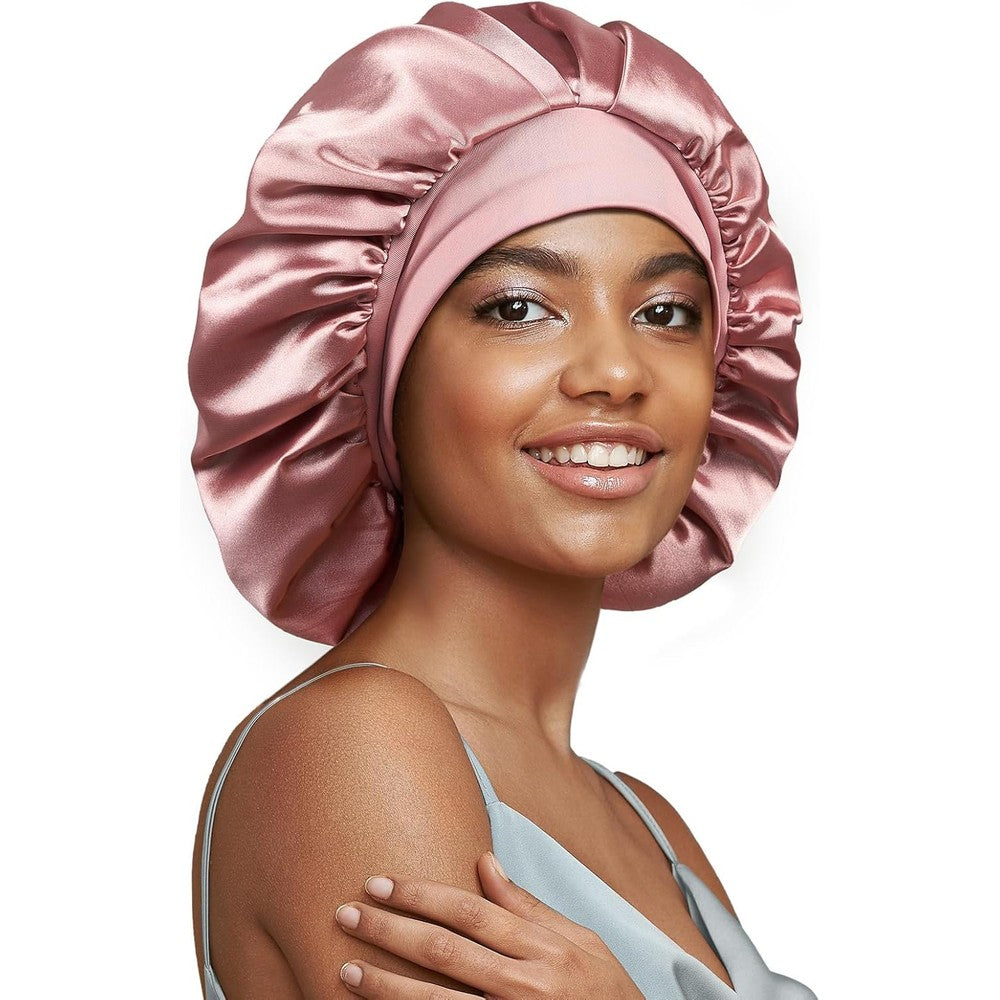Umisleep mulberry silk bonnet in pink front view showing the soft elastic band