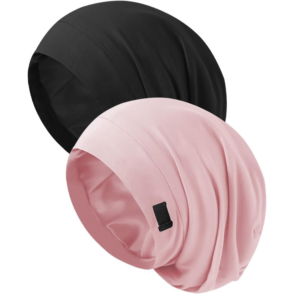 ZHENSILK Silk Bonnet for Sleeping Women front view of the black and pink two pack sleep caps