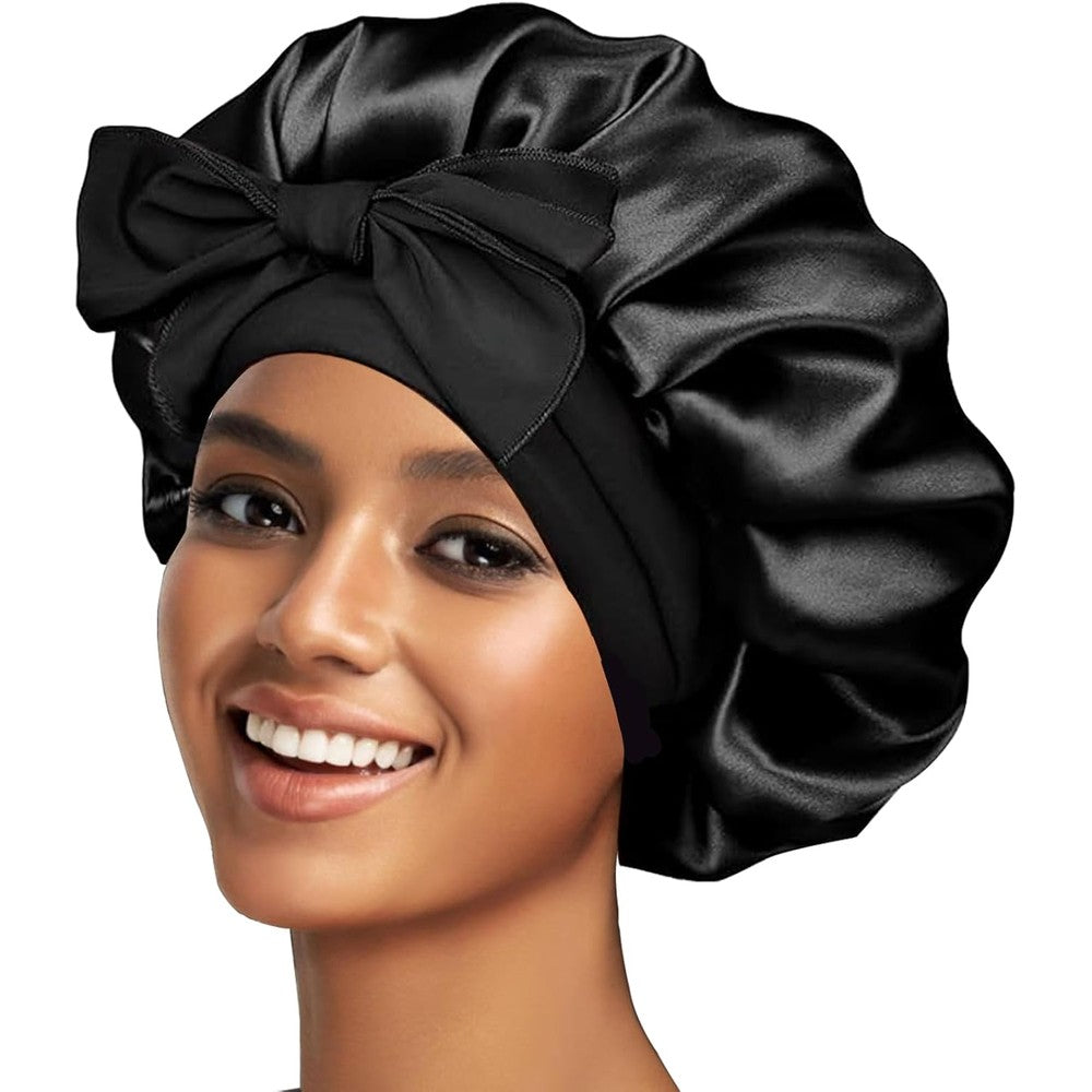 Confvrter silk satin bonnet for sleeping front view showing the adjustable tie band