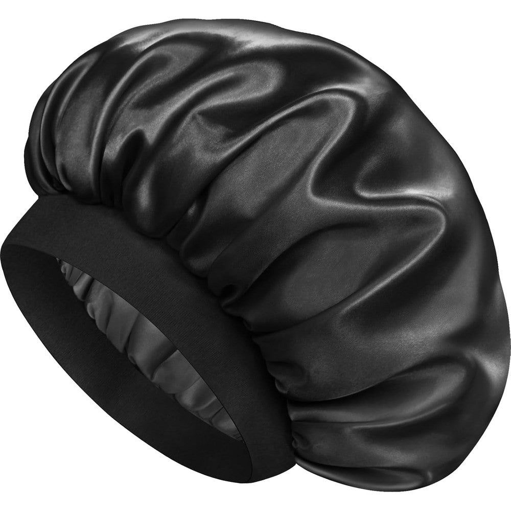 Diswa satin silk bonnet black front view on model for curly hair care