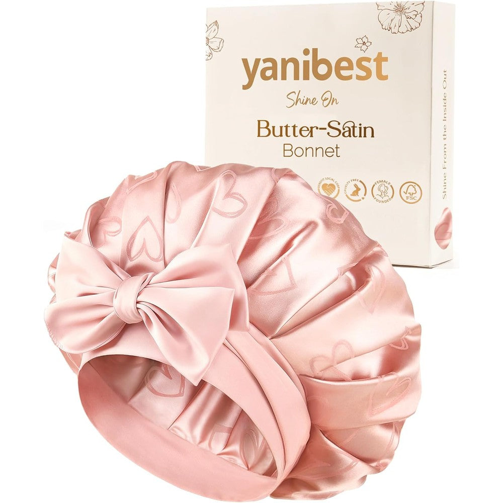 YANIBEST adjustable satin bonnet in blush pink front view showing the comfortable elastic tie band.
