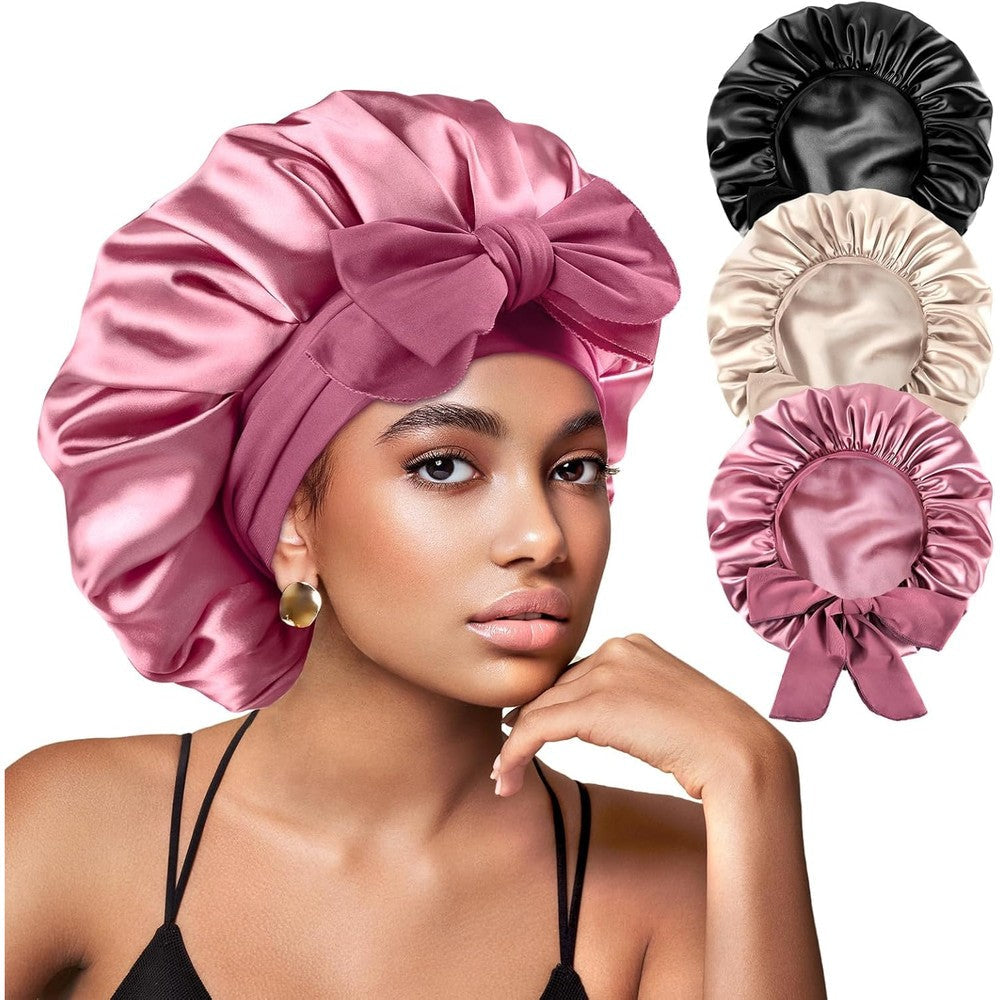 Yanideer three pieces satin bonnet pack front view featuring blush pink silk sleep cap with adjustable tie band for curly hair protection