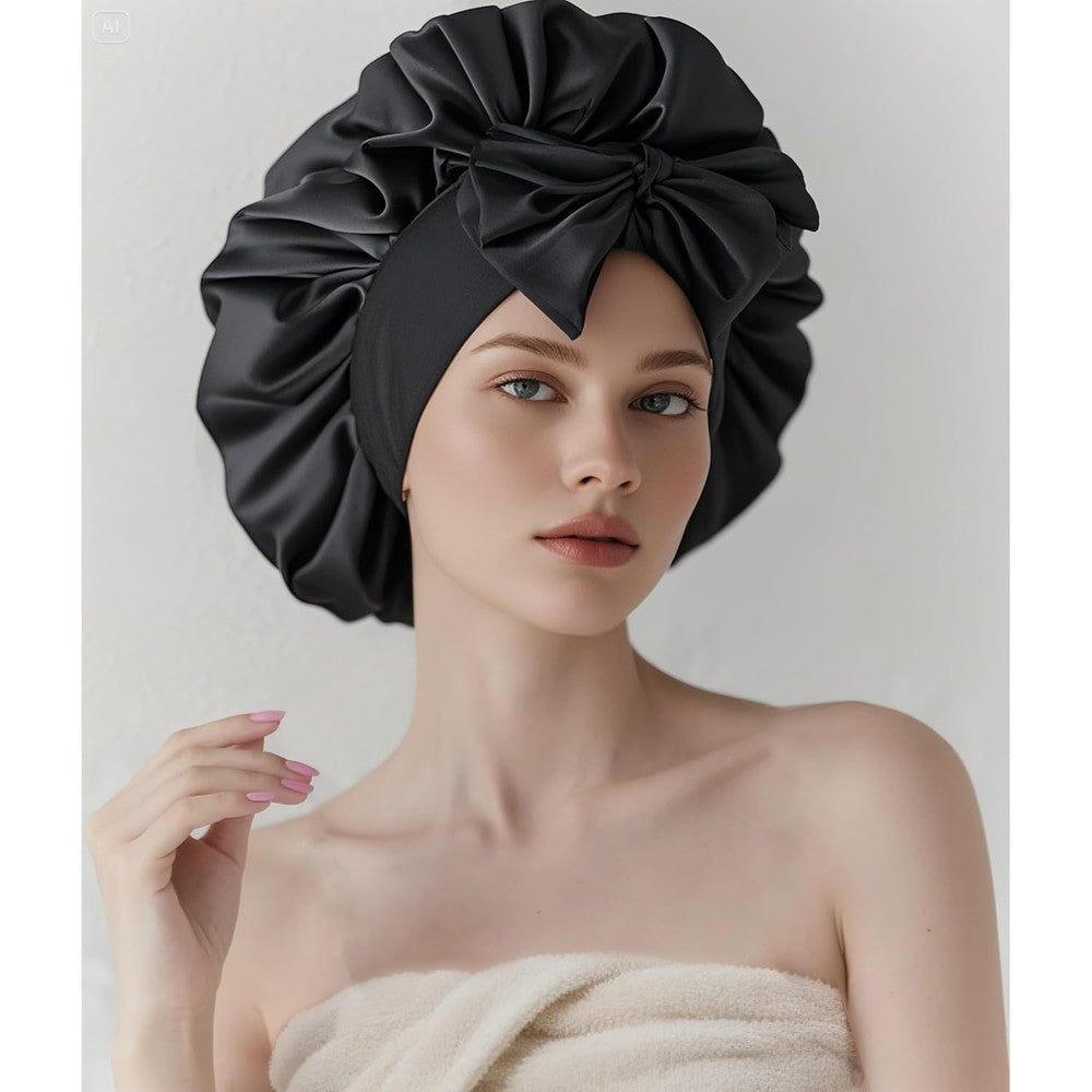 COCOSILK satin hair bonnet front view showing black adjustable wide tie band for curly hair protection.