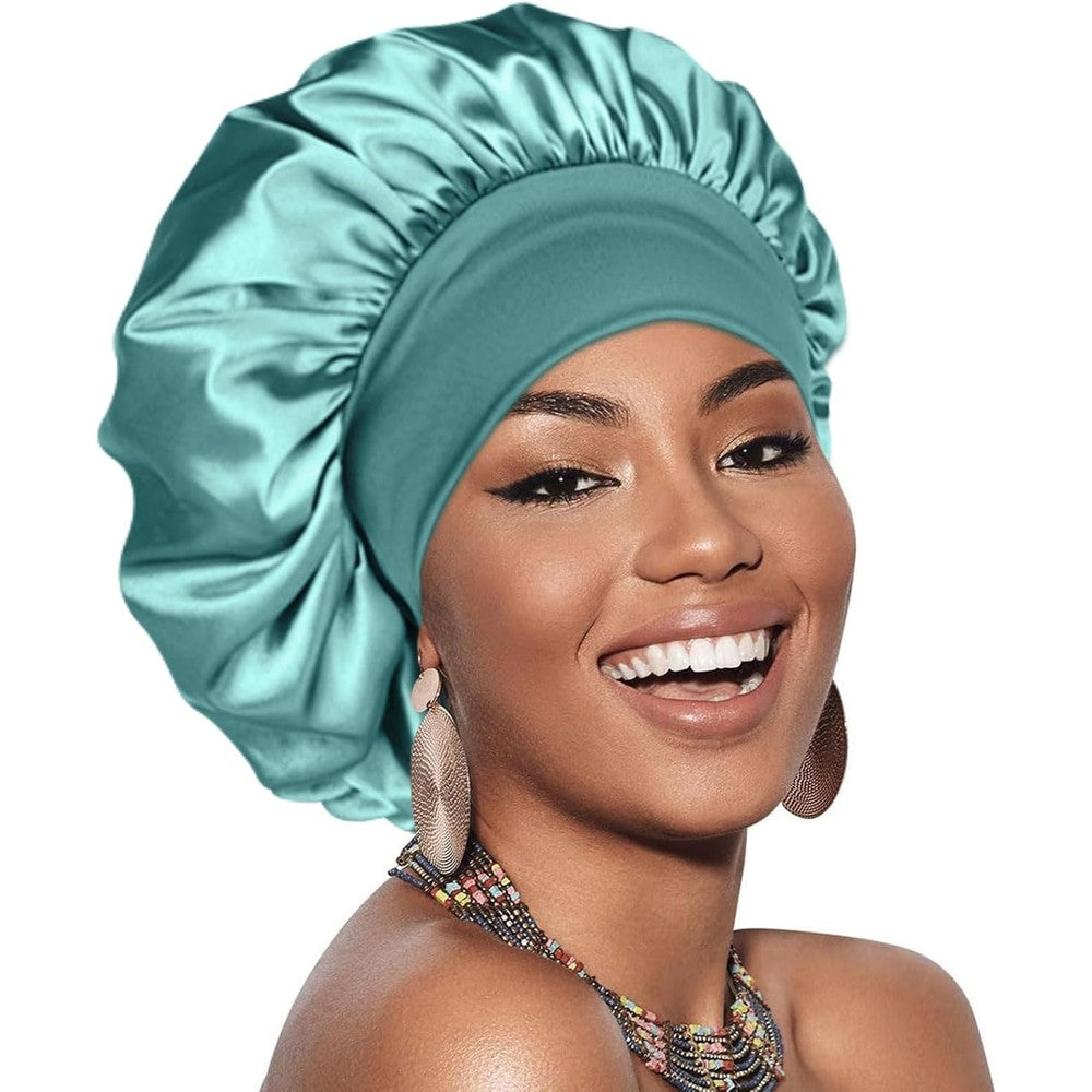 Adubor silk bonnet front view showing the comfortable teal double layer satin sleep cap