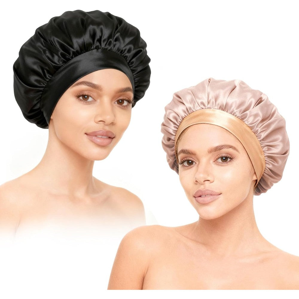 ZHENSILK satin hair bonnets front view featuring premium gold and black sleeping caps