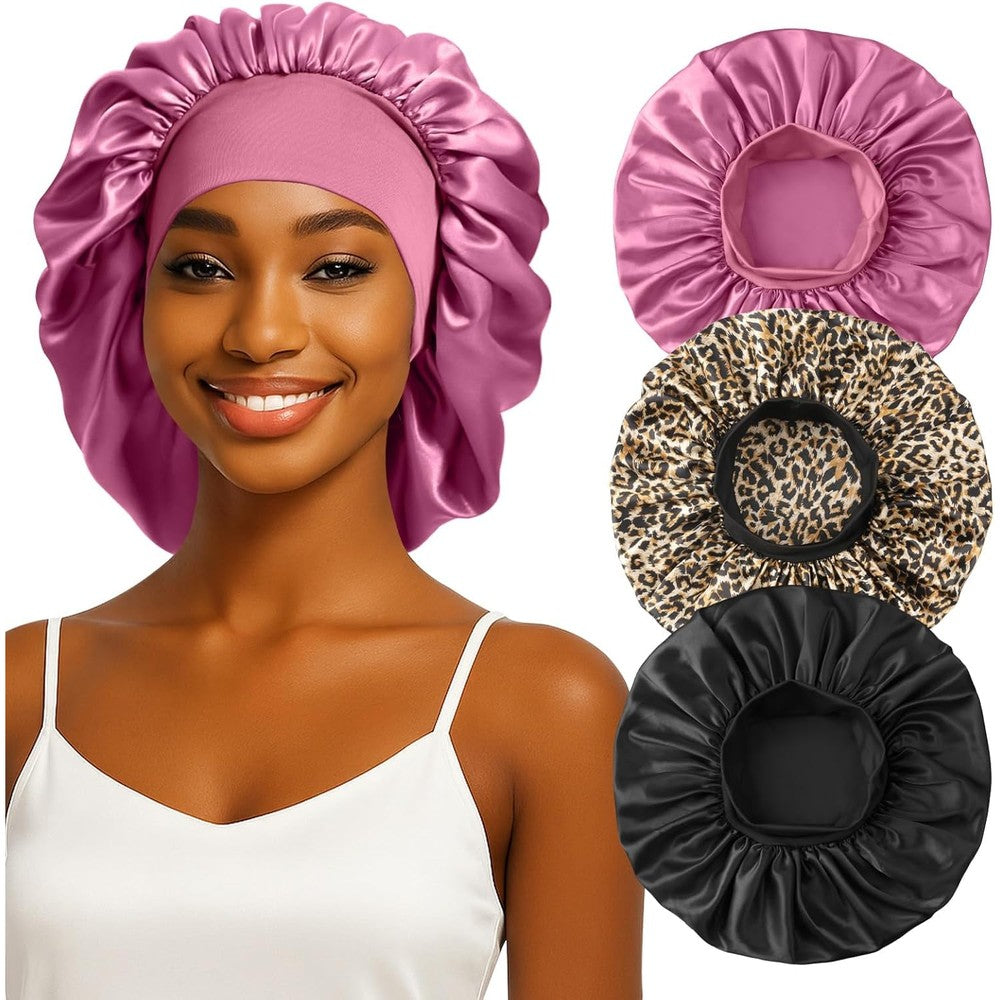 ZHENSILK three piece silk sleep bonnet set front view showing different colors.