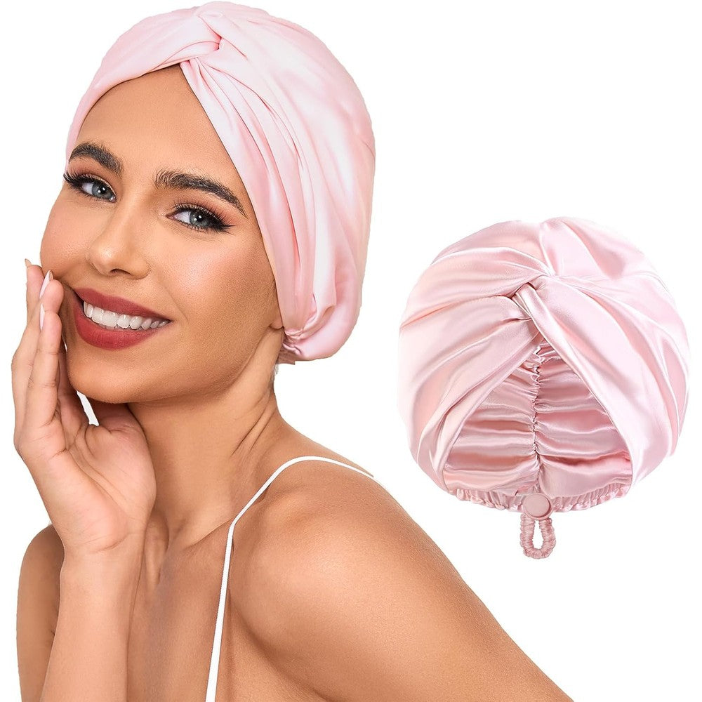 Hfrhtgy adjustable silk satin hair bonnet front view in pink for curly hair protection.