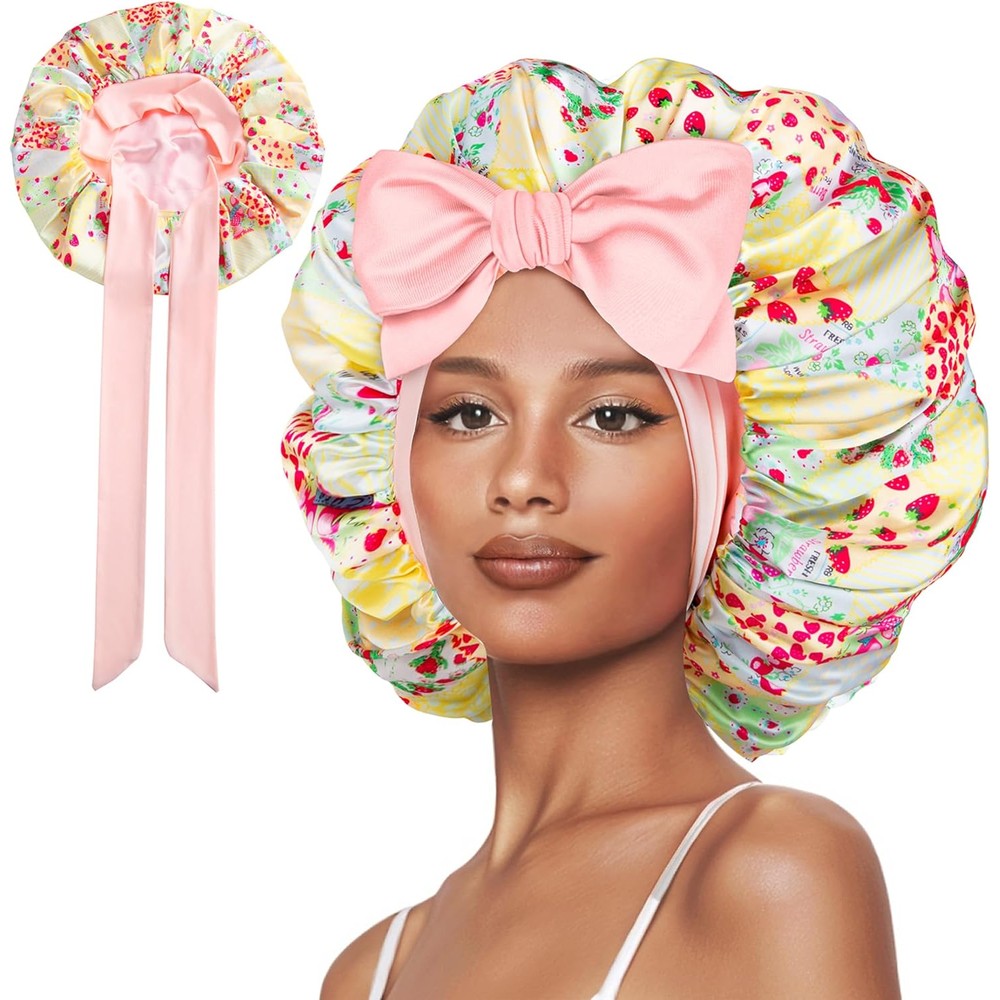 Vettres double layer silk bonnet front view showing strawberry patchwork design