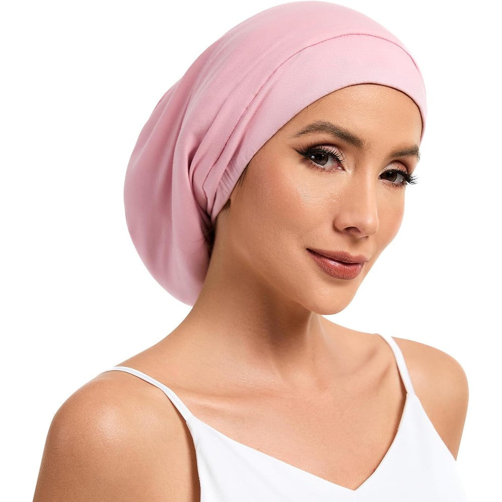 NatureKess mulberry silk bonnet for sleeping women pink front view showing adjustable slouchy beanie fit