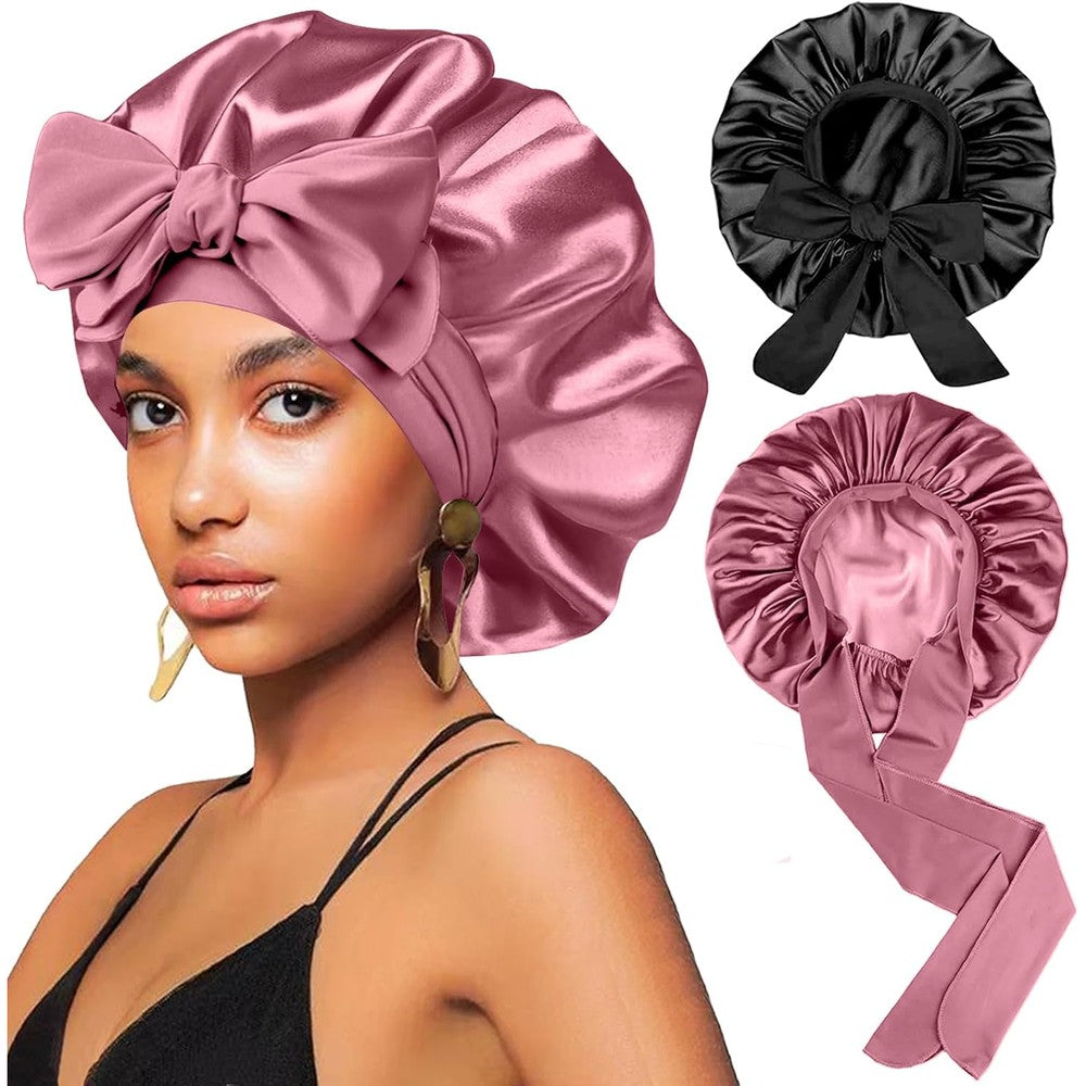 FIRSTPELLA silk hair satin bonnet front view pack of two black and rose gold sleep caps